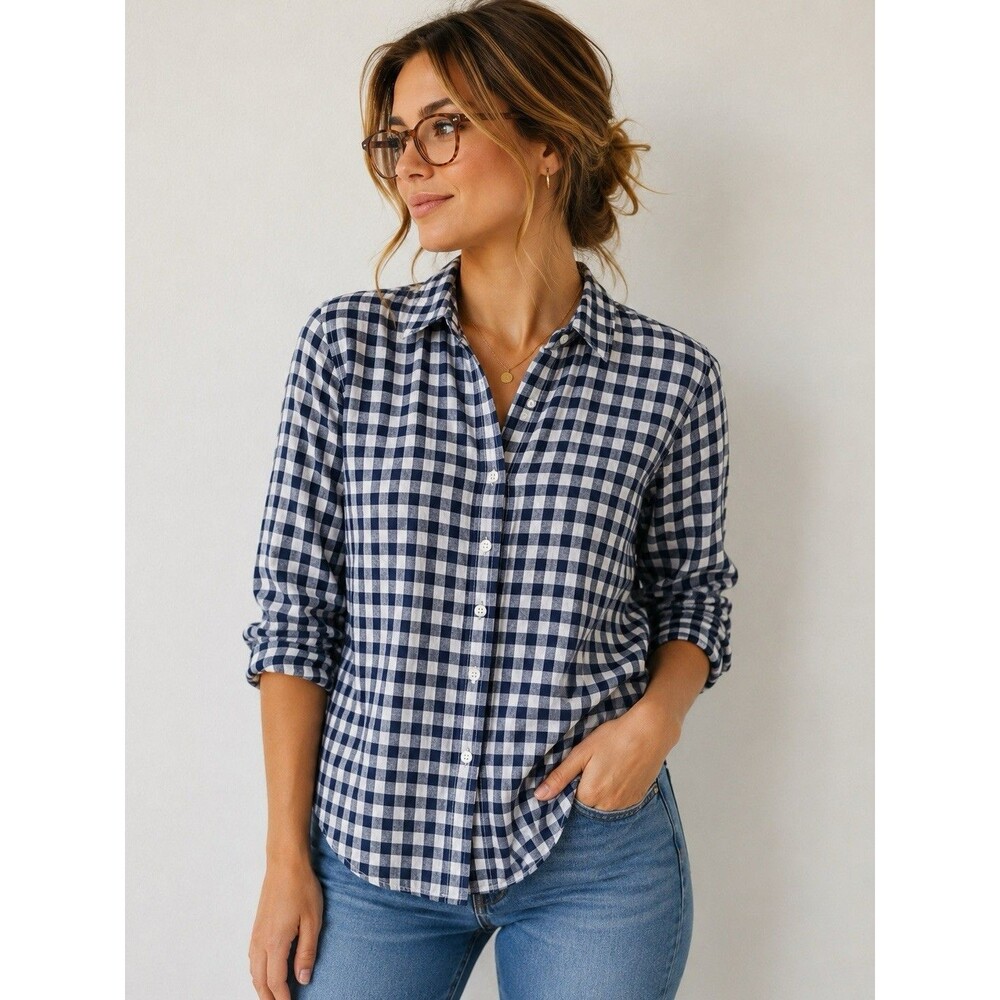 J.Crew Boy Shirt 0P Petite Blue White Gingham Button Front Cotton Long Sleeve